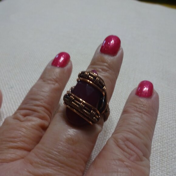 Rustic "RUBY QUARTZ FACETED" Handmade COPPER WIRE-WRAPPED Ring Size 9 #760B - Picture 2 of 4
